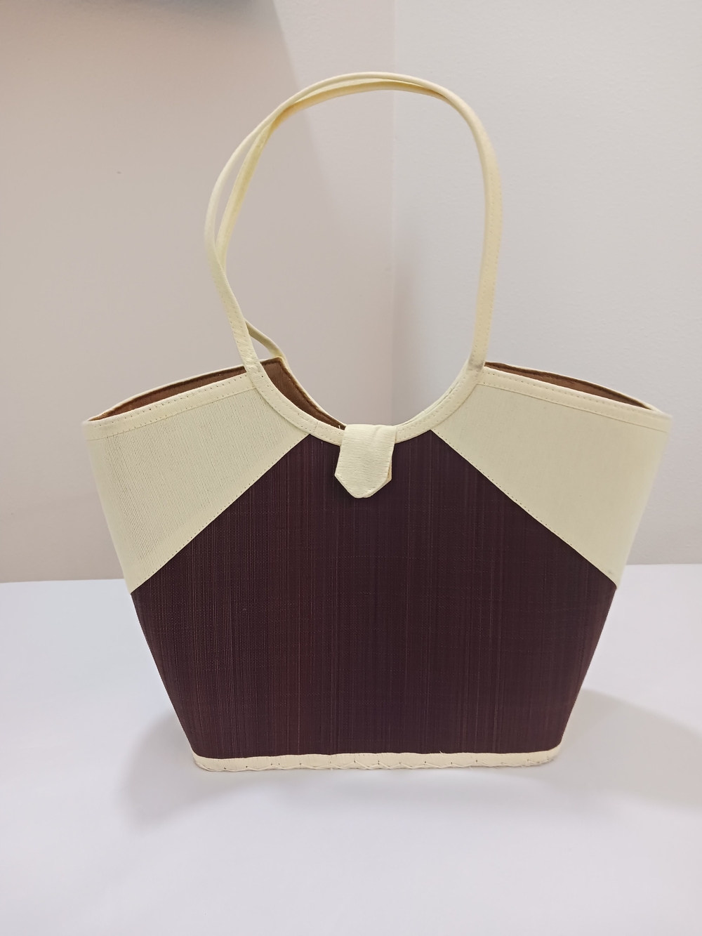 Two-Tone Cream and Dark Brown Structured Tote